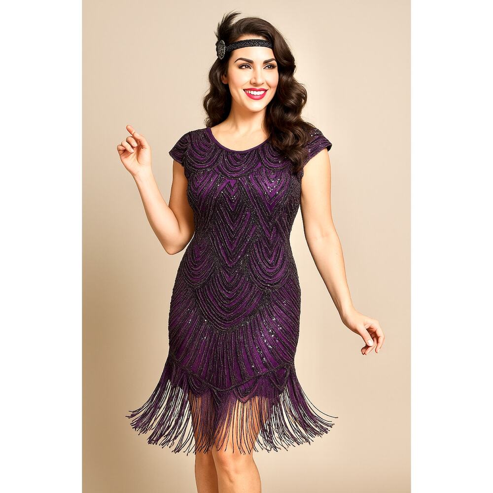 Sexy Great Gatsby Purple Sequin Dress M L Holiday NYE Cocktail Coquette Elegant